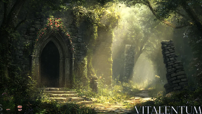 Sunlit forest ruins reveal a mysterious overgrown doorway