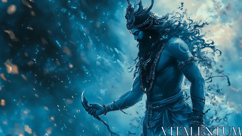 Mythic warrior stands in swirling blue celestial storm