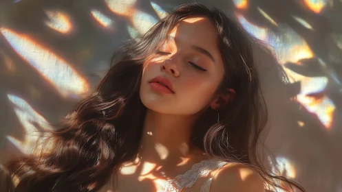 Dreamy portrait under iridescent dappled sunlight glow.