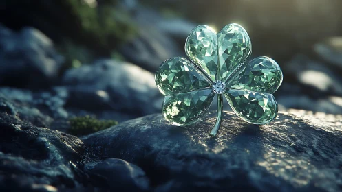 Gem-cut four leaf clover rendered as faceted crystal brooch
