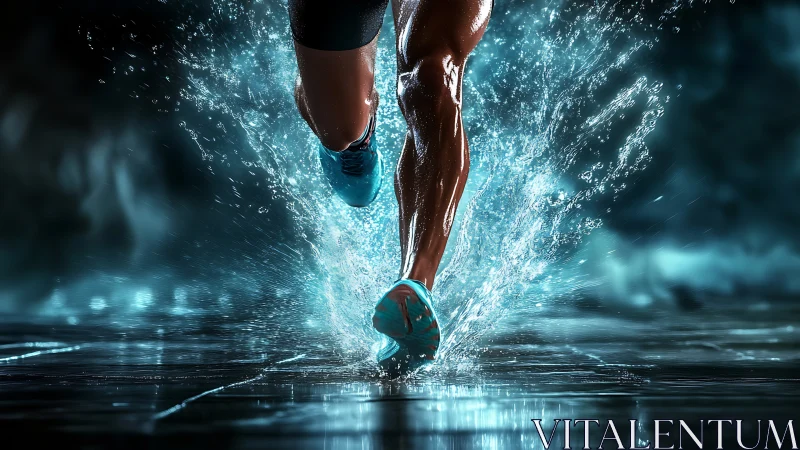High-speed runner strides through water with dynamic splashes.