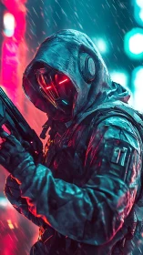 Futuristic hooded soldier with rifle in neon city rain scene.