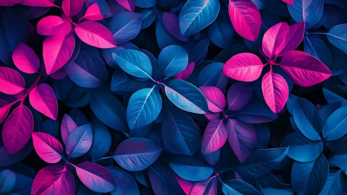 Neon-toned foliage pattern with pink and blue overlapping leaves.