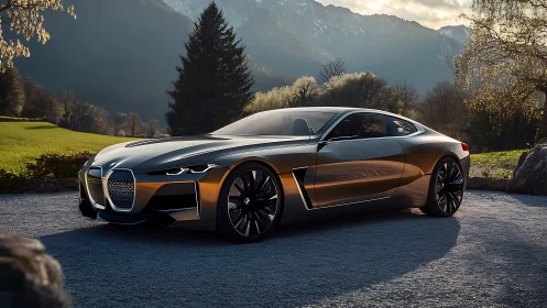Sleek silver coupe relaxes in a calm mountain valley sunset