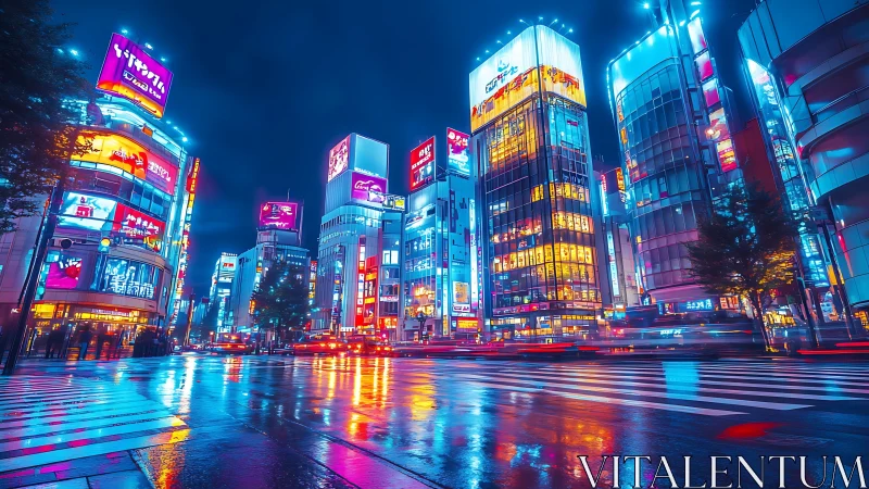 Neon-saturated rainy city intersection with long-exposure traffic light trails