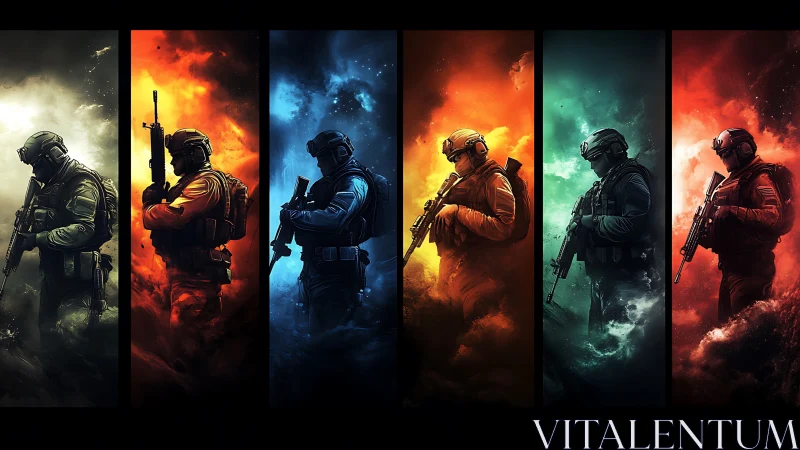 Five armored soldiers stand in colored elemental smoke columns