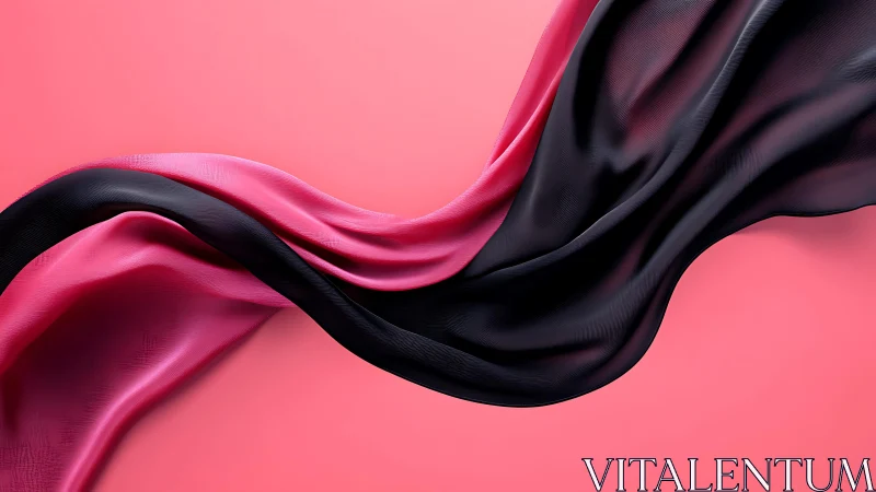 Flowing Pink and Black Silk Fabric on Pastel Background, Minimalist.