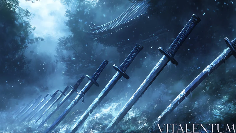 Row of katanas embedded in misty forest hillside at night.