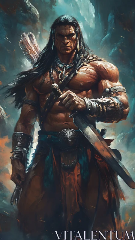 Storm-scarred barbarian stalks the misty mountain pass.