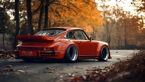Classic orange sports coupe parked on quiet autumn road.