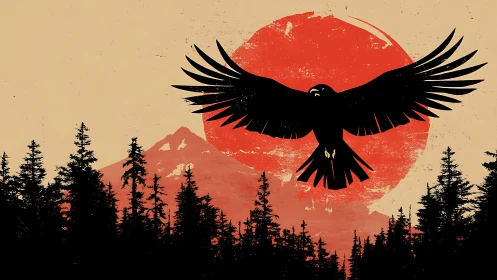 Majestic Crow Silhouette Over Forest at Sunset in Grunge Style.