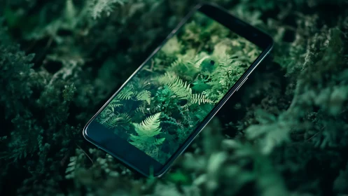 Forest reflections on a smartphone in lush green stillness.