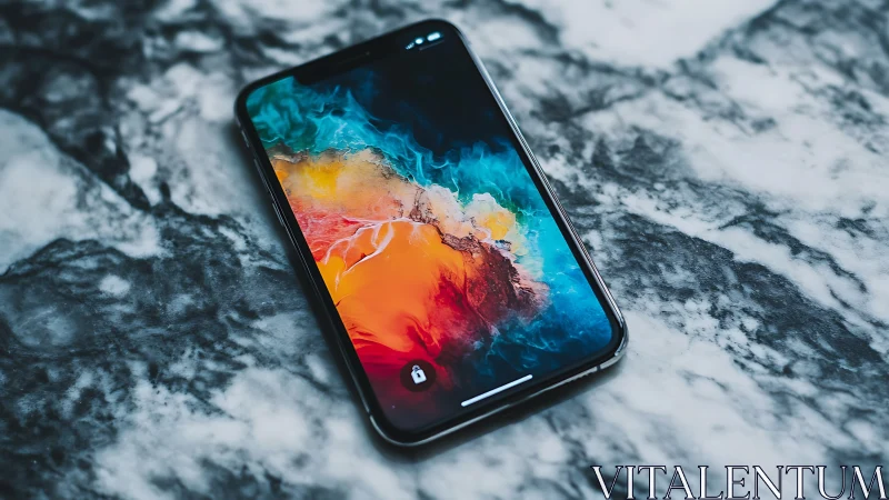 Smartphone on Marble Surface with Colorful Ink Wallpaper.