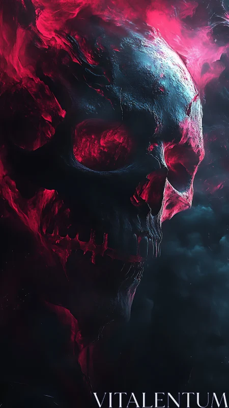 Luminous infernal skull materializes from vaporous red nebula