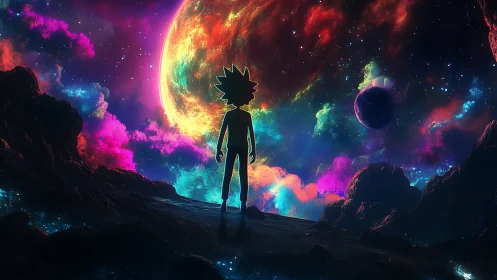 Backlit silhouette surveying chromatic nebular exoplanet vista.