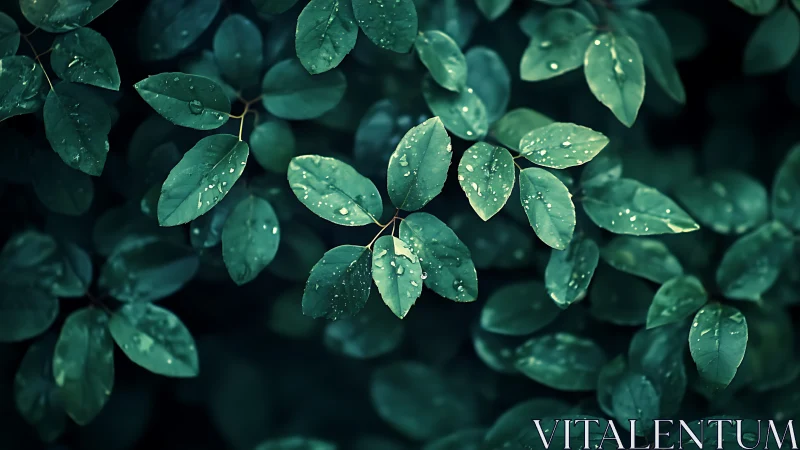 Gentle green leaves rest quietly under fresh morning raindrops