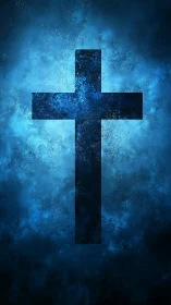 Luminous blue cross silhouette over textured cosmic field.