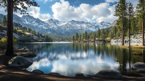 Serene alpine lake with conifer forest and snow-capped peaks.