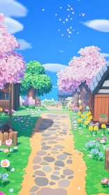 Serene Pastoral Lane with Blossoming Flora and Architectural Geometry.