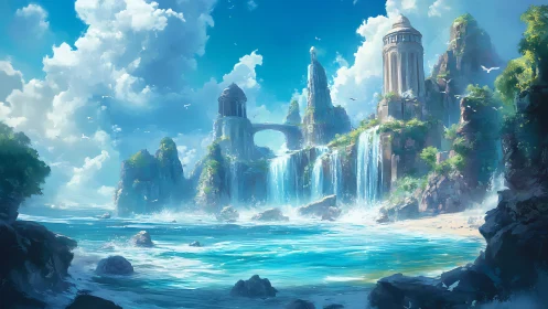 Waterfalls of Lost Atlantis: Floating Towers in Blue Serenity.