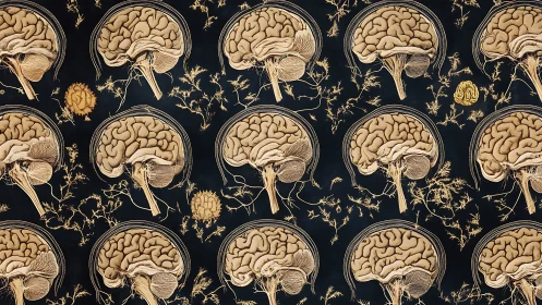 Patterned medical illustration of beige human brain cross sections.