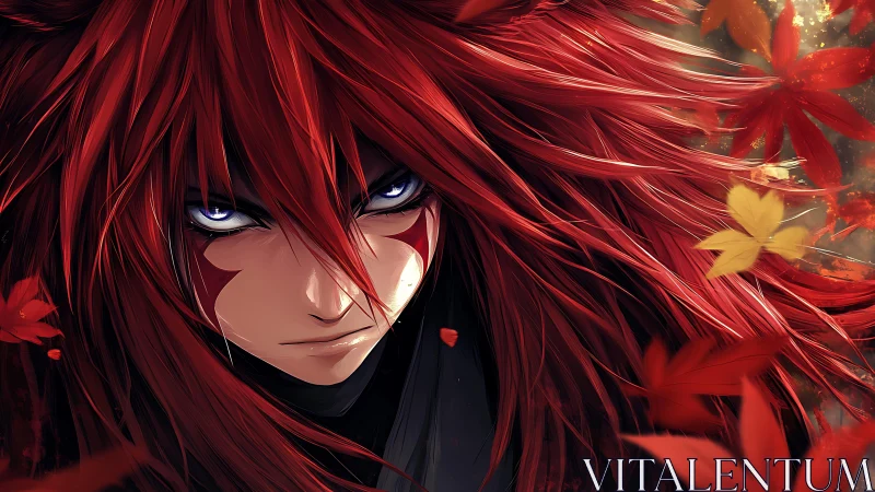 Fierce red haired anime warrior framed by drifting autumn leaves.