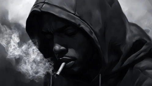 Quiet hooded portrait lingers in smoke and soft gray light