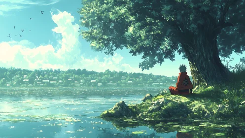 Solitary shinobi dreaming by a sunlit lakeside village.