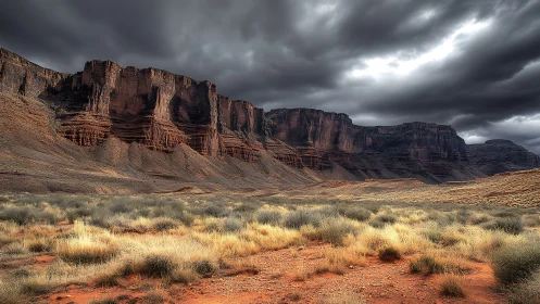 Storm-brooding desert cliffs hold their breath above the plain