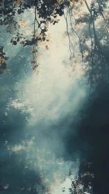Soft morning light filters through mist over forest pond