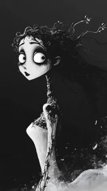 Gothic monochrome bride dissolving into swirling darkness.