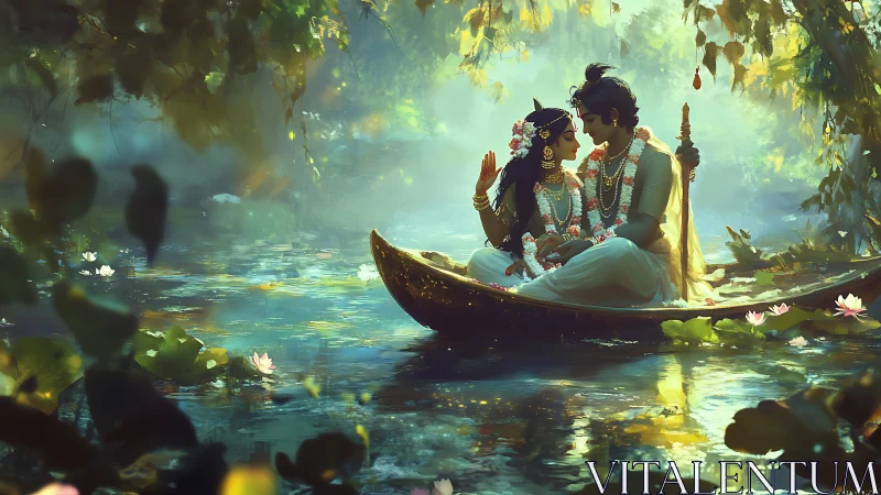 Divine couple share quiet reverie in glowing forest lagoon