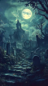 Moonlit gothic cathedral looms over winding graveyard path
