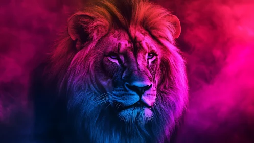 Neon crowned lion emerging through magenta cyber haze.
