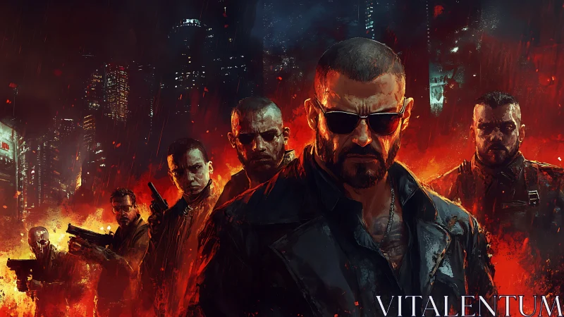 Fierce urban crew under blazing neon city firelight.