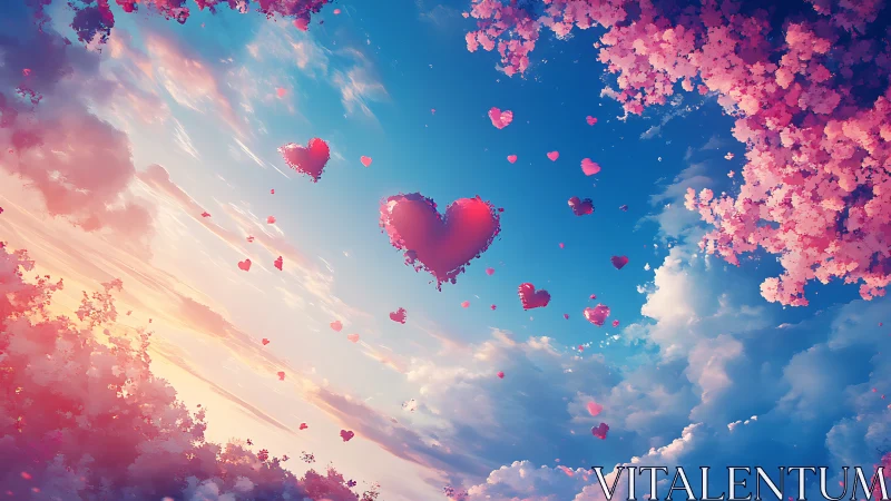 Sky composition with floating heart shapes and cloud formations.