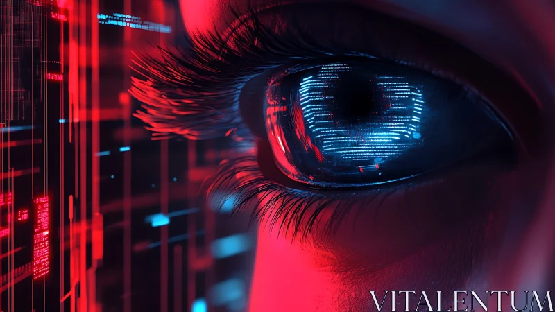 Neon cybernetic eye gazes through streaming data nightscape.