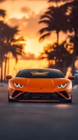 Orange supercar on coastal road at sunset front view.