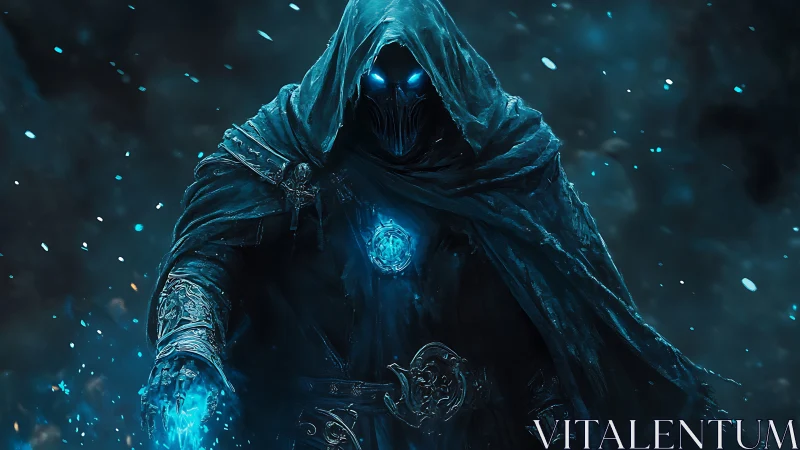 Hooded death mage with glowing blue runes in storm night.