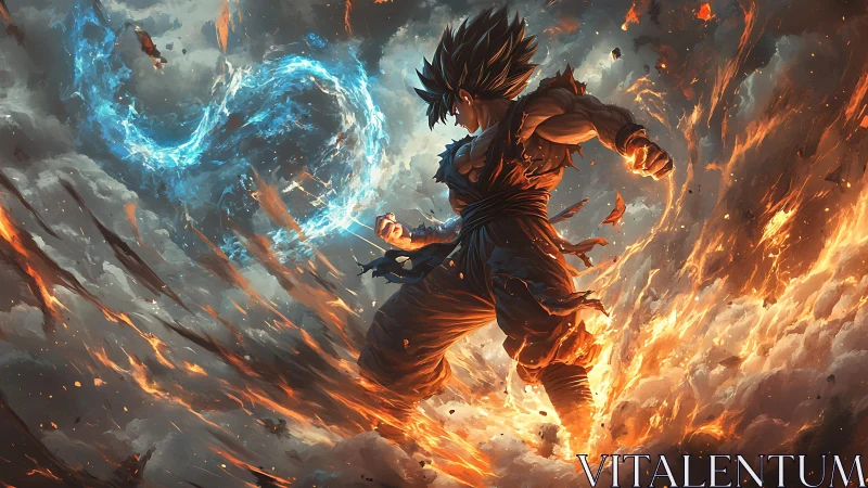 Stormforged warrior dances between blue flame and ash.