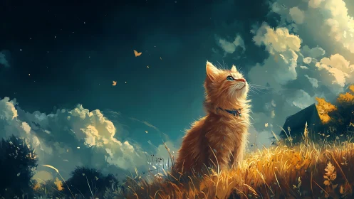 Orange Cat Gazes Skyward Among Golden Fields and Clouds