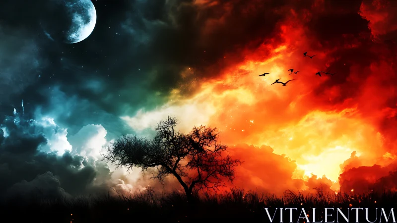 Fiery twilight sky engulfs a lone tree between night and dawn