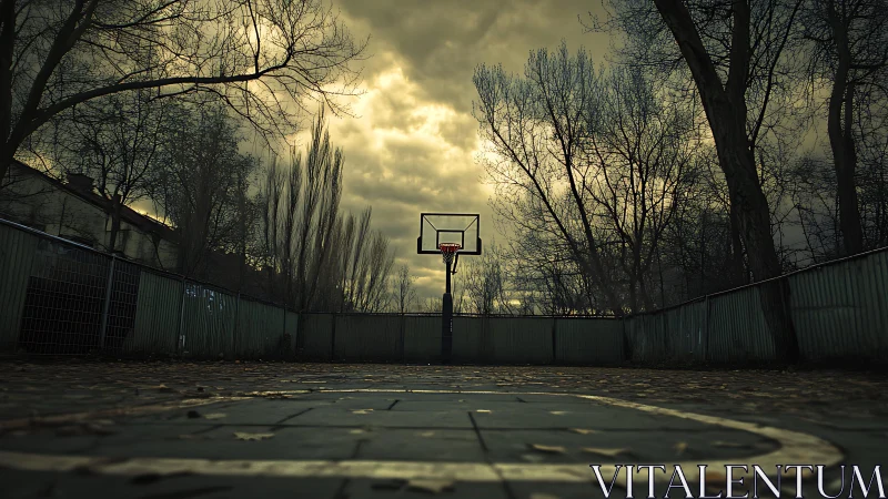 Quiet city basketball hoop waiting under moody twilight skies.