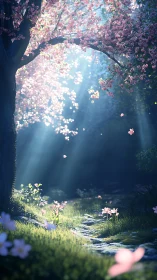 Petal-bright woodland path inhales the morning light