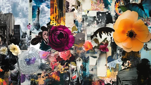 Urban floral collage merges city textures with vivid blooms.