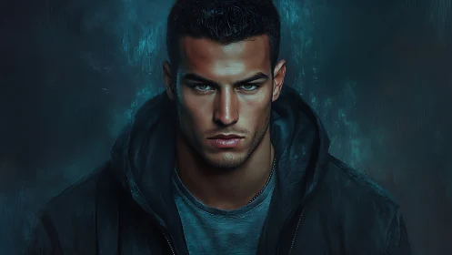 Brooding young man stares forward under cold teal light
