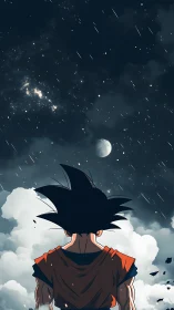 Celestial warrior silhoutte under meteor-streaked night sky.