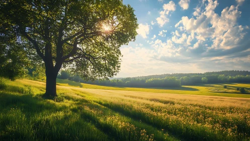 Backlit oak tree dominating luminous agrarian meadowscape.