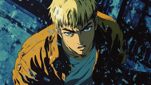 Determined anime hero stares upward in a gritty urban night