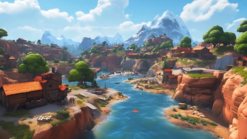 Alpine Village Nestled Among Peaks and Canyon Stream.